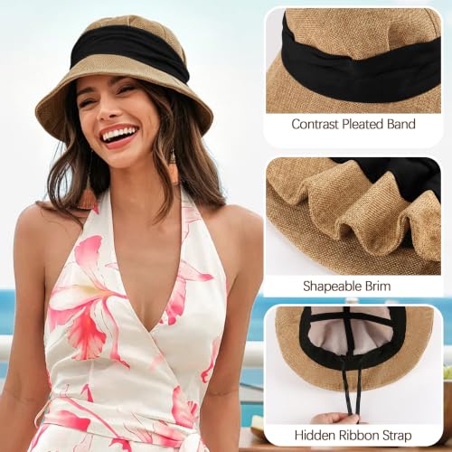 Babalet Women Faux Linen Blend Beach Bucket Hat Lightweight Fisherman Hat - color: Marled Khaki / Black Band