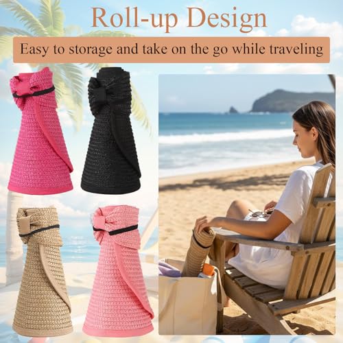 Foldable Straw Sun Visor Hats for Women Wide Brim Beach - color: Hot Pink, Khaki, Black, Pink
