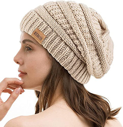 REDESS Slouchy Beanie Hat for Men and Women Winter Warm Knit Hat Chunky Soft Oversized Cable Cap - color: Oatmeal