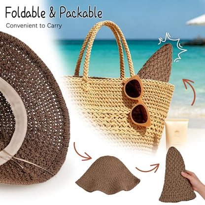 Sun Hat for Women Summer Straw Beach Hats Bucket Hat Floppy Crochet Hat - color: Coffee
