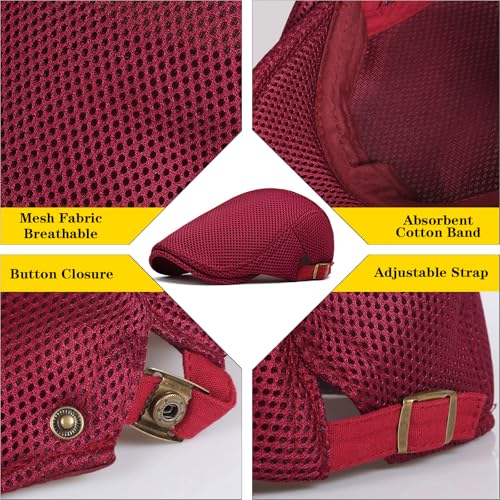 meioro Mens Breathable Mesh Summer Hat Adjustable Flat Cap Newsboy Beret Ivy Cap Irish Cabbie Fishing Hats - color: Burgundy