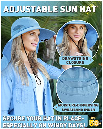 Tirrinia Wide Brim Sun Hat with Neck Flap for Men & Women - color: #Blue