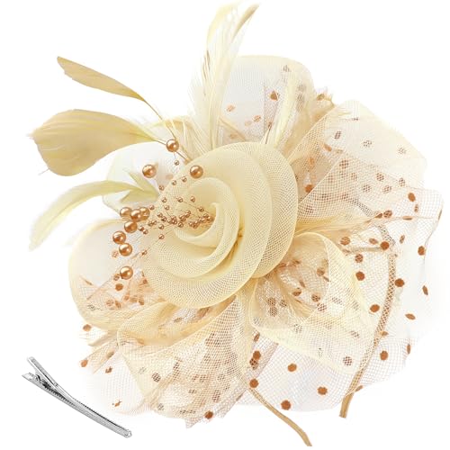 AQOKKA Women Fascinators Hats Flower Fascinators with Headband and Clip Tea Party Headwear for Women and Girls - color: 1 Pc 7" Diameter / Khaki Apricot