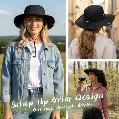 Wide Brim Waterproof Bucket Rain Hat for Women Men UPF50+ Cowboy Sun Hat - color: Ponytail Black