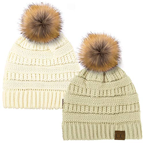 C.C Hat-43 Thick Warm Cap Hat Skully Faux Fur Pom Pom Cable Knit Beanie 2 Pack - color: Beige/Ivory
