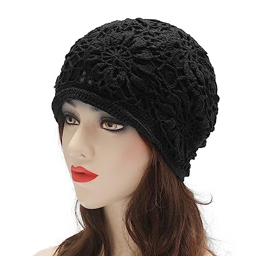 ZLYC Women Cotton Crochet Slouchy Beanie Hat Handmade Knit Summer Skull Cap - color: Black Knitted