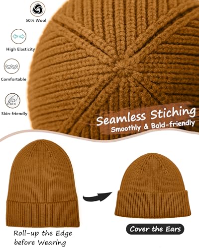 Wool Beanie for Men Women, Seamless Knit Cuffed Warm Winter Hats - color: 1pcs-golden Brown