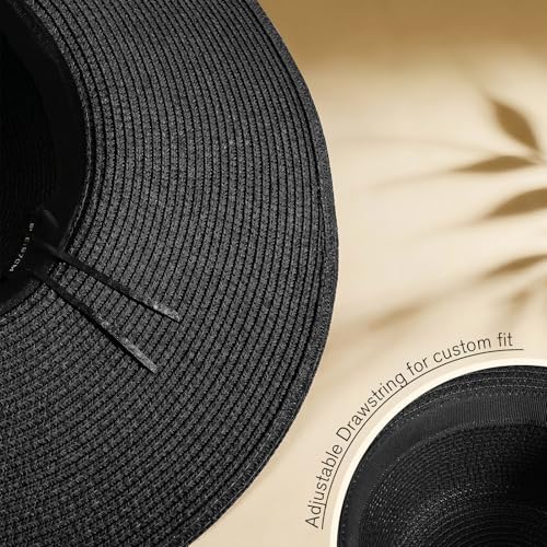 Women's Sun Straw Hat Wide Brim Floppy Foldable Hats Beach Travel Summer Vacation Hat UPF 50+ - color: Black