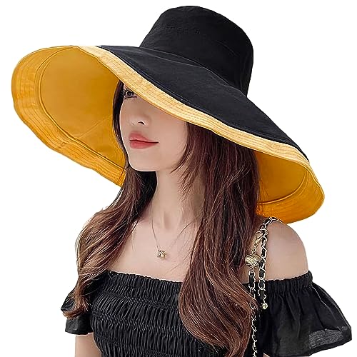 HUAMULAN Women Summer Vacation Wide Brim Sun Hat Reversible Fishing Hats - color: Yellowblack