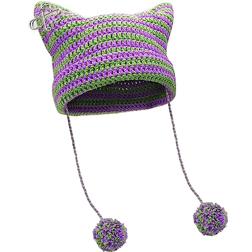 XYIYI Crochet Hats for Women Fox Knit Hat with Pompoms Grunge Goth Accessories Slouchy Beanies for Women Girls - color: Purple Green