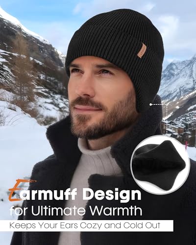 FURTALK Mens Winter Fleece Lined Beanie with Earflaps - color: Black