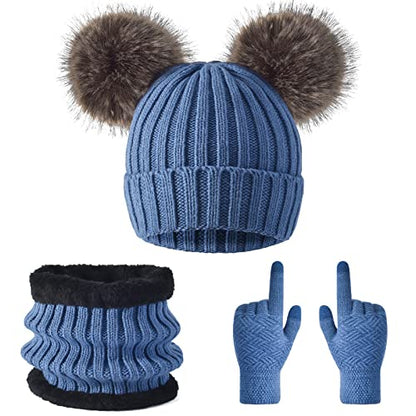 3 Pcs Women Winter Knit Beanie Hat Scarf Touchscreen Gloves Set Warm Soft Thick Fleece Lined Skull Cap with Double Pom Pom - color: Blue