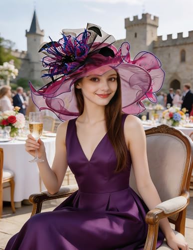 Organza Church Derby Hats for Women Wedding Tea Party Fascinator Floral Wide Brim Sun Hat - color: Style02 Rose Purple
