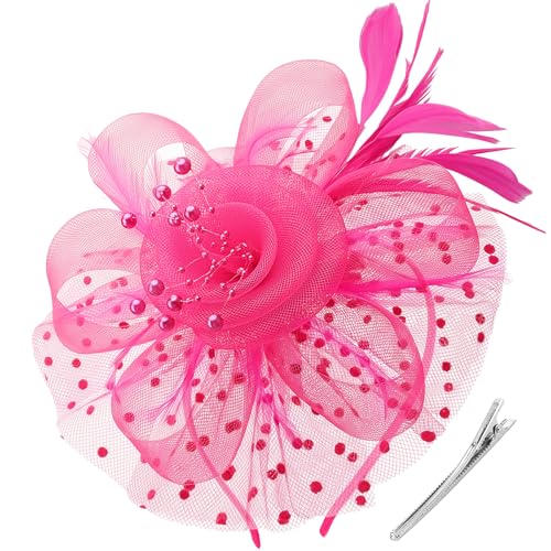 DRESHOW Fascinators Hat Flower Mesh Ribbons Feathers on a Headband and a Clip Tea Party Headwear for Girls and Women - color: 7" Diameter / Fuschia