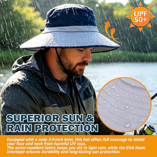 Wide Brim Sun Bucket Hat, Waterproof Boonie Hat for Men & Women - color: 02 Light Grey+navy Blue