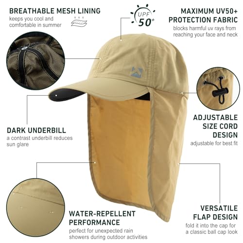 TOP-EX L/XL/XXL UV50+ Waterproof Neck Flap Baseball Sun Cap - color: Khaki, size: X-Large