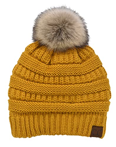 C.C Trendy Fuzzy Fleece Lined Warm Comfortable Soft Stretch Cable Knit Ribbed Faux Fur Pom Pom Beanie Hat - color: Mustard Yellow
