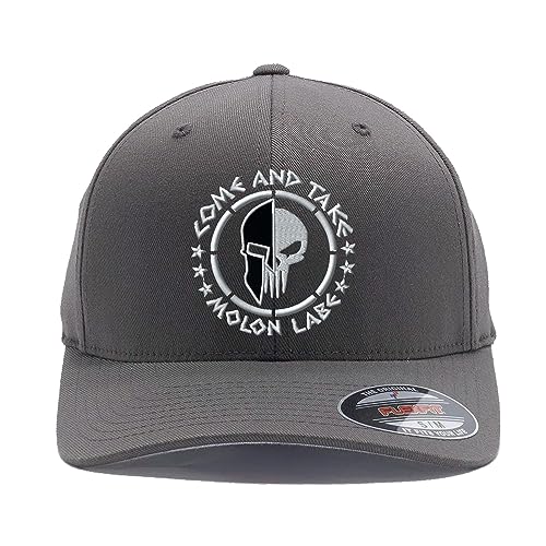 Spartan Skull Warrior Helmet Molon Labe/ΜΟΛΩΝ ΛΑΒΕ - Come and Take Embroidered Flex Fitted Baseball Hat - color: Dark Grey, size: Large-X-Large