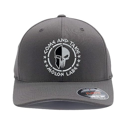 Spartan Skull Warrior Helmet Molon Labe/ΜΟΛΩΝ ΛΑΒΕ - Come and Take Embroidered Flex Fitted Baseball Hat - color: Dark Grey, size: Large-X-Large