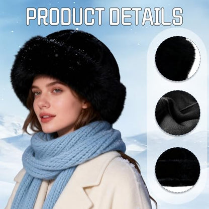 Womens Winter Faux Fur Bucket Hat,Warm Plush Fluffy Furry Mink Hats - color: Black