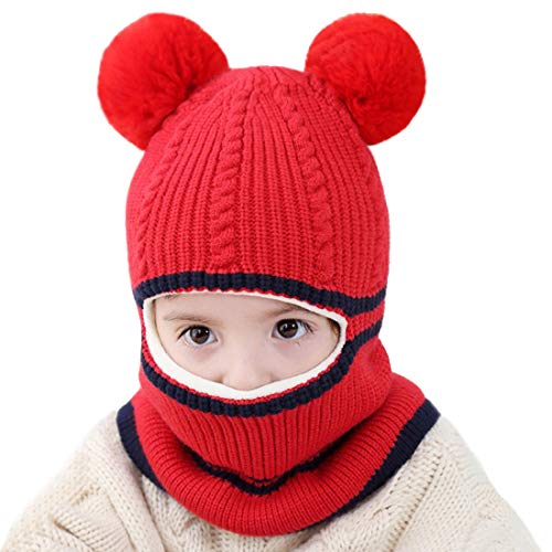 Toddler Winter Hat Baby Balaclava 2 in 1,Fleece Lined Knitted Beanie with Face Mask, Ear Flaps & Pom Pom for Boys Girls - color: Bear-red