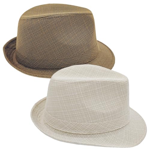 2 Pack Classic Fedora Hats Short Brim Trilby Panama Caps Cosplay Costumes Jazz Hat - color: Milky White + Khaki, size: Large-X-Large