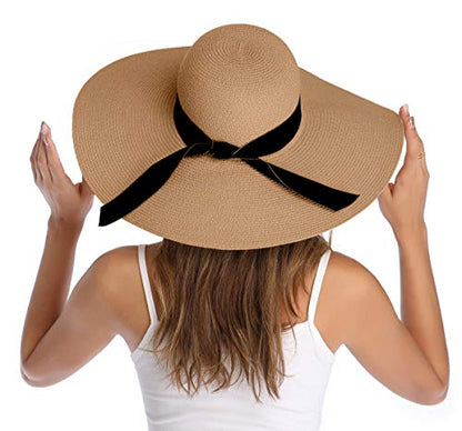 Lanzom Womens Wide Brim Straw Hat Big Floppy Foldable Roll up Cap Beach Sun Hat UPF 50+ - color: Bowknot-khaki