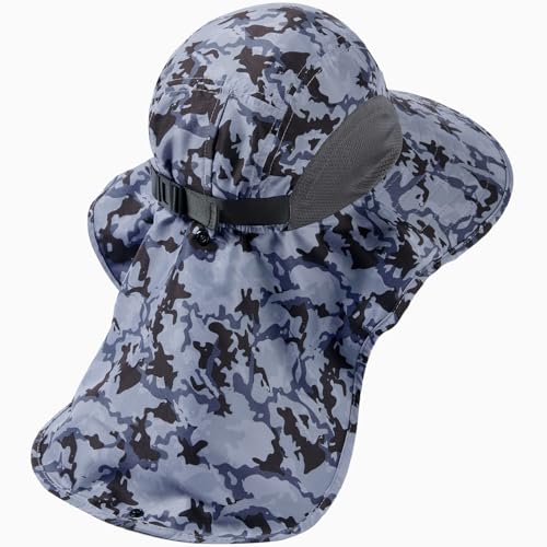 BASSDASH UPF 50+ Unisex Water Resistant Wide Brim Sun Hat with Large Neck Flap Ponytail Fishing Hat for Men Women - color: Storm Camo