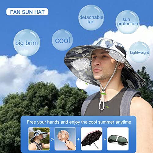 Mens Sun Hat with 2 Fan, Summer Cooling Wide Brim Bucket Hat, Beach Hat Garden Hat, Solar + USB Dual Power Supply - color: Navy