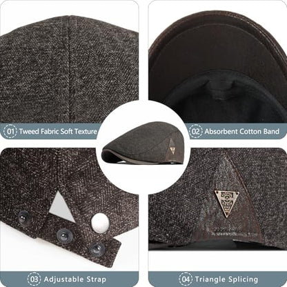 meioro Men's Cotton Newsboy Hat Adjustable Tweed Flat Cap for Men - color: Coffee