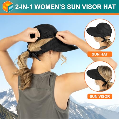 SUN CUBE Womens Sun Hat UV Protection Wide Brim Zip-Off Golf Visor - color: Black