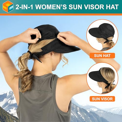 SUN CUBE Womens Sun Hat UV Protection Wide Brim Zip-Off Golf Visor - color: Black