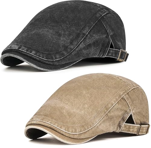 Initlove Mens Newsboy Cap Washed Beret Ivy Hat Flat Hats for Cabbie Driving - color: Black + Khaki