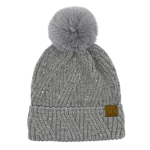C.C Sequin Pom Beanie for Women - Acrylic Stretchable Soft Warm Knit Winter Skully Hat with Yarn Pom - color: Angora-grey