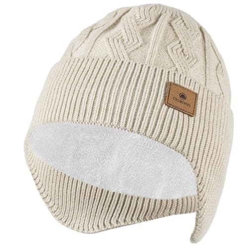 Ocatoma Winter Beanie with Earflap for Men Women Warm Knit hat Fleece Lined - color: Beige