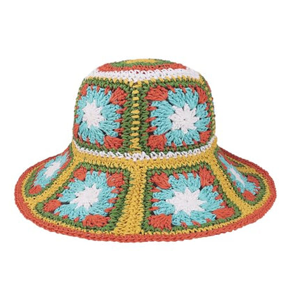 Womens Multicolor Floral Crochet Straw Sun Hat Wide Brim Summer Beach Hat - color: Yellow