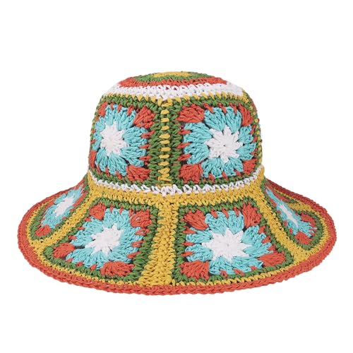 Womens Multicolor Floral Crochet Straw Sun Hat Wide Brim Summer Beach Hat - color: Yellow