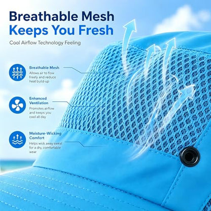 Sun Bucket Hat for Men Women Wide Brim UPF 50+ UV Protection Waterproof - color: Sky Blue