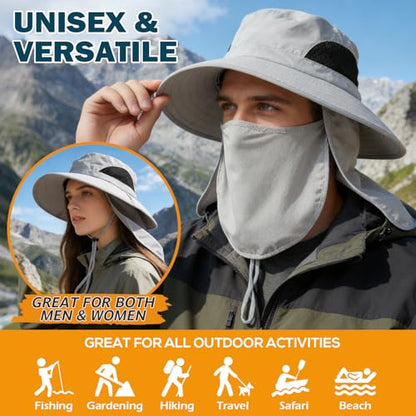 Wide Brim Sun Bucket Hat, Waterproof Boonie Hat for Men & Women - color: 07 Light Grey (Full Coverage)