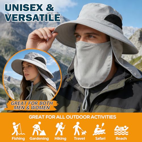 Wide Brim Sun Bucket Hat, Waterproof Boonie Hat for Men & Women - color: 07 Light Grey (Full Coverage)