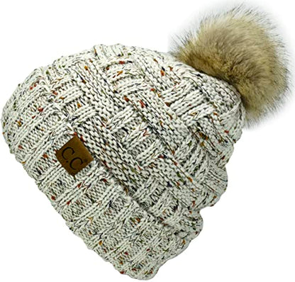 C.C Knit Beanie Hat – Fuzzy Fleece Lined Warm Winter Hat, Faux Fur Pom Soft Stretchy Slouchy Knit Cap, Cold Weather Beanie - color: Oatmeal