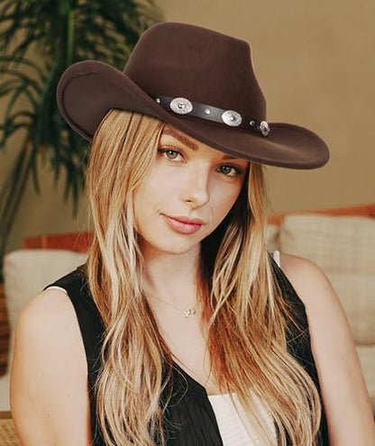 Women-Men Felt-Western-Cowboy Hat-Classic Brim Belt Buckle Cowgirl Fedora M - color: Coffee