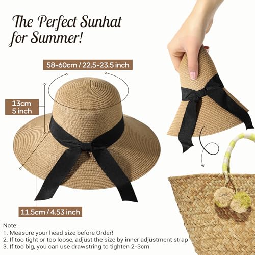 Tavaleu Sun Beach Hats for Women Wide Brim Straw Hats Foldable Summer Hat - color: 11.5cm- Khaki