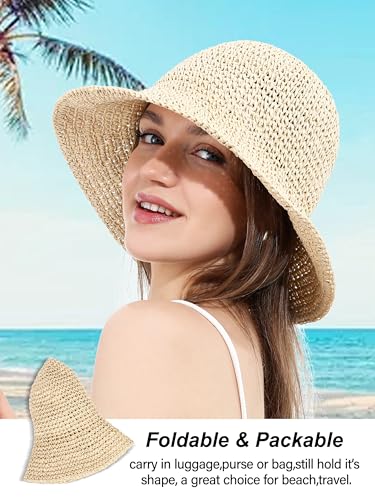 sy soul young Women's Straw Sunhat Wide Brim Hand Woven Beach Bucket Hat - color: Beige