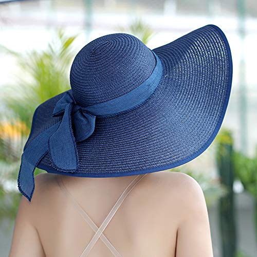 FSIGOM Women's Folable Floppy Hat,Wide Brim Sun Protection Straw Hat, Summer UV Protection Beach Cap - color: Navy, size: Large