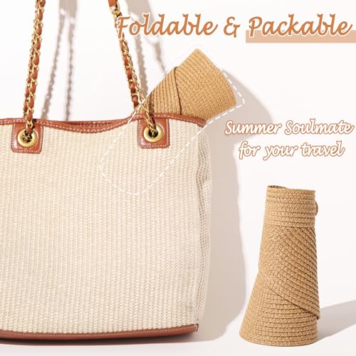 Chicingyou Sun Visor Hat for Women Wide Brim Straw Visors Beach Hat Ponytail UV UPF Packable Foldable Travel - color: Brown