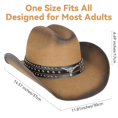 WQWOVRVO Cowboy Hat,Cowgirl hat,Brown Cowboy Hats for Women/Mens Straw Wide with Shapeable Brim Western Cowboy Hat for Womens - color: Brown & Coffee Color