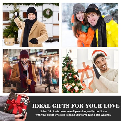 FZ FANTASTIC ZONE Mens Winter Beanie Hat and Scarf Touchscreen Gloves Sets - color: Black