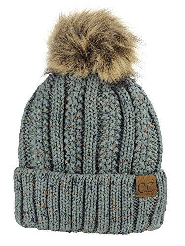 C.C Thick Cable Knit Faux Fuzzy Fur Pom Fleece Lined Skull Cap Cuff Beanie - color: Confetti Natural Gray