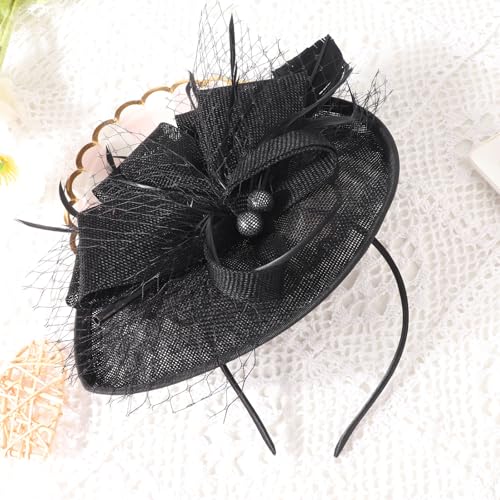 AQOKKA Women Fascinators Hats Flower Mesh Feathers Headband Clip - color: 1 Pc Feather Fascinators : Black